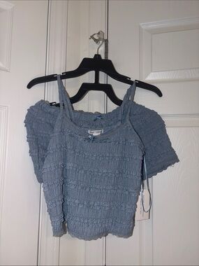 Smocked Knit Spaghetti Strap Set in Dusty Blue